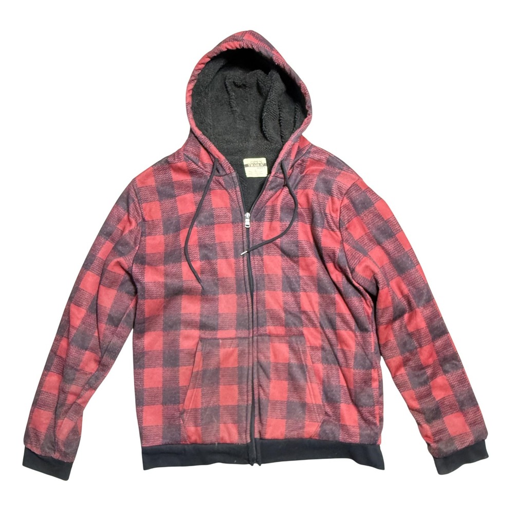 Open Trails Jacket Mens Large Red Black Sherpa Lined Zip Hoodie Buffalo Plaid